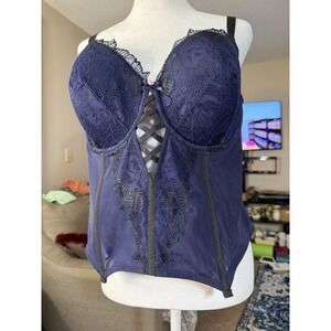 Cacique Lane Bryant 44C Navy Lace Corset Bustier Top Mesh Boned Plus Size Bra